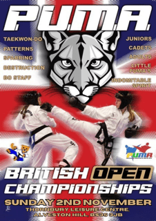 Poster depicting two TaeKwon-Do Fighters listing the events at the PUMA British Championships