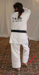 DSCF0019 Turn head to look left towards B, pull front foot back, raise right arm to chamber position (facing outwards) with left arm on the outside (facing outwards)