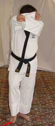 DSCF0028 Turn head to look left towards A, pull front (right) foot back, raise hands to chamber for middle block