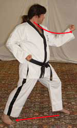 DSCF0029 6) Move right foot diagonally out and turn 90° left towards A hip-twisting into a left walking stance whilst performing middle block with left forearm