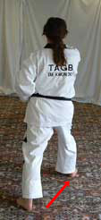 DSCF0212 1) Move right foot out to a right walking stance, perform middle section punch towards D with right forefist (simultaneously) pulling (left) reaction hand to belt, shoulders square, punching to centre.