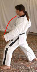 DSCF0215 2) Turn 90° to the left towards B, perform a low section outer forearm block (low block) with the left arm, hip twisting into a left walking stance (bent front knee, straight back leg, heel on ground, weight 50/50, pivot on ball of left foot for hip twist)