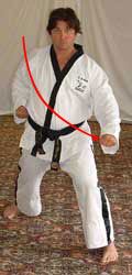 DSCF0220 4) Turn 90° left towards C hip-twisting into a left walking stance whilst performing low block with left forearm