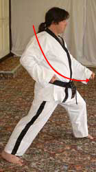 DSCF0225 6) Turn 90° left towards A hip twisting into a left walking stance whilst performing low block with left forearm