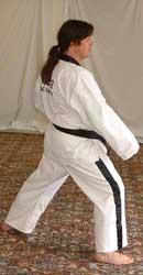 DSCF0233 10) Turn 90° to the right hip-twisting into a right walking stance towards A whilst performing a right low block